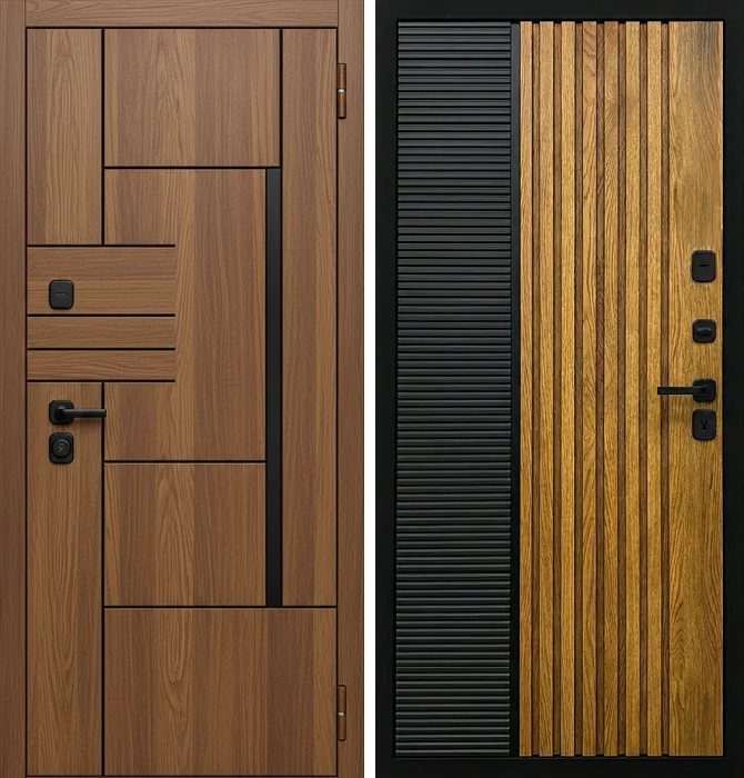 Стальная дверь с рейками под дерево и чёрным рифлением №225