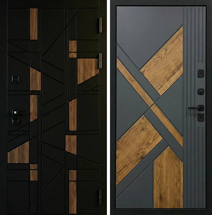 Входная дверь графитовая с древесными вставками лофт №268