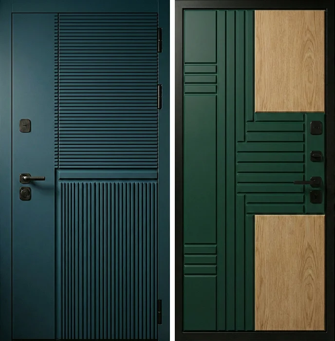 Входная дверь изумрудная с древесными вставками для дома №218
