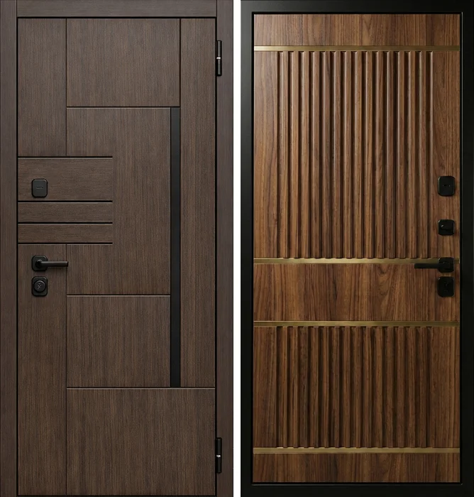 Входная дверь для деревенского дома орех с фрезеровкой рейками №192