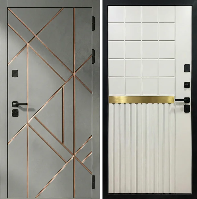 Входная серая дверь с белой панелью и молдингами №305