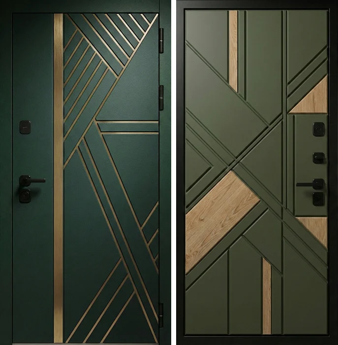 Металлическая зелёная дверь с деревянными вставками для дома №315
