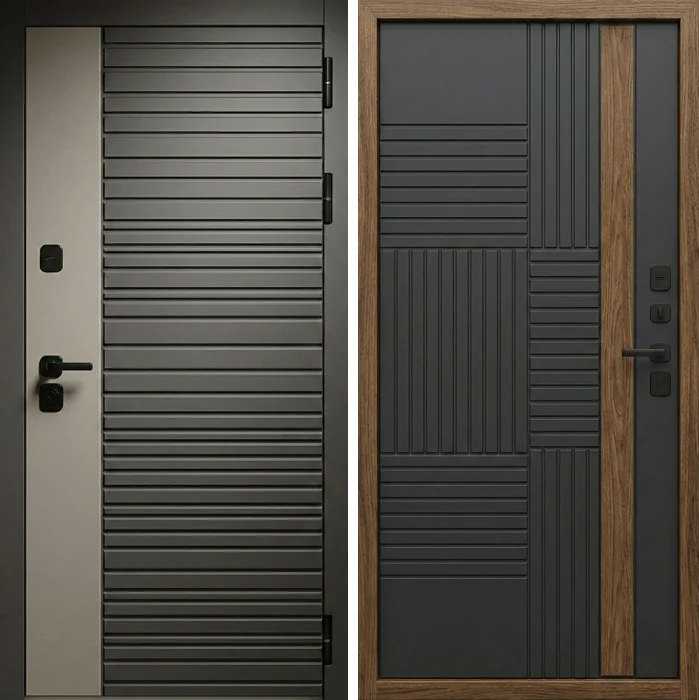 Входная дверь графит с МДФ и вставкой под дерево №316