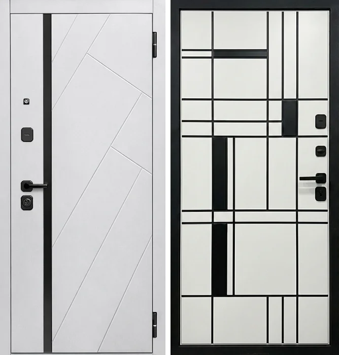 Входная белая дверь с графичной МДФ-панелью №168