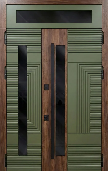 Стальная дверь оливковая с деревом с фрамугой и вертикальным стеклом №109