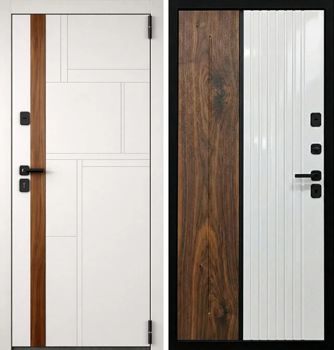 Входная белая дверь с древесной вставкой модерн №241