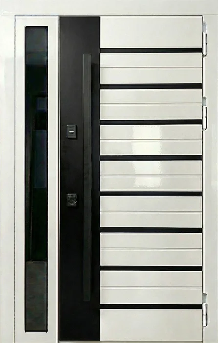 Входная белая дверь с боковым остеклением и чёрными вставками №136