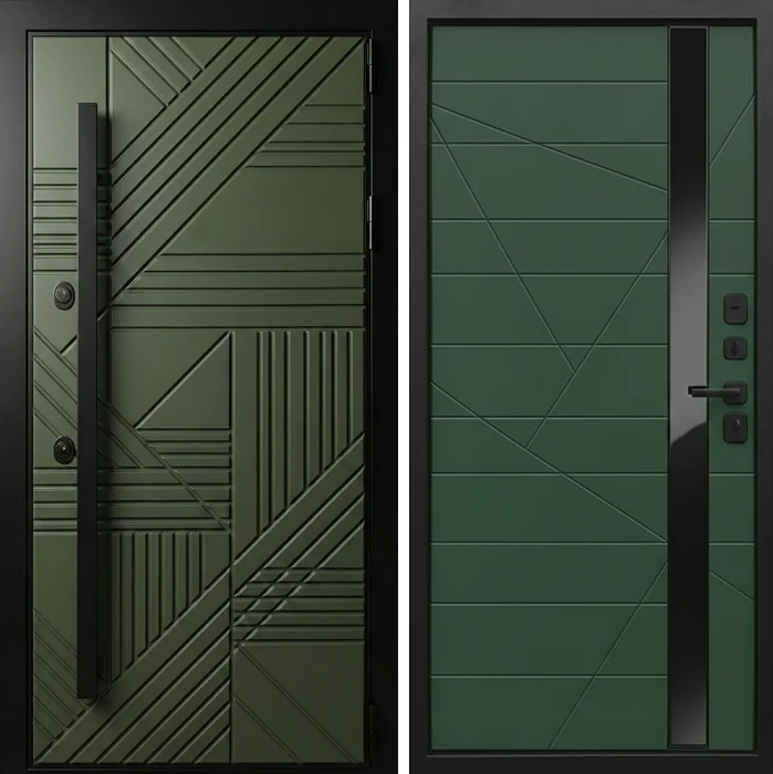 Железная зелёная дверь с декоративной панелью модерн №249
