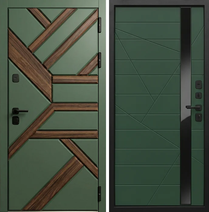 Железная дверь зеленая с древесным геометрическим декором №274
