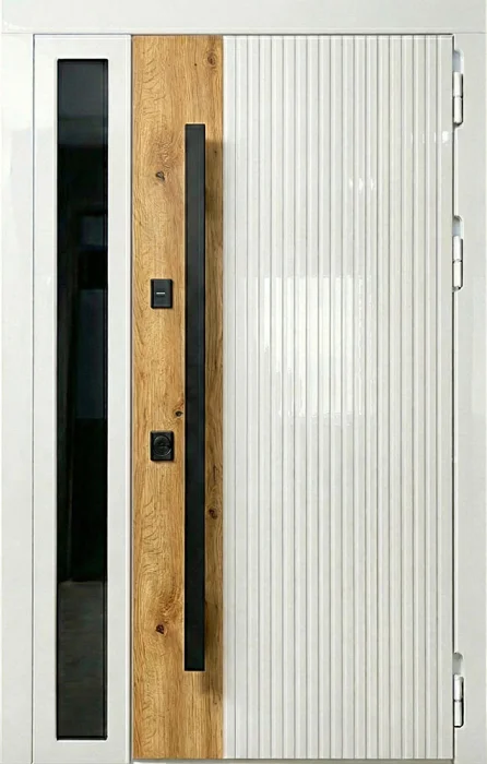 Железная дверь белая рифлёная с остеклением и рустик дубом №133