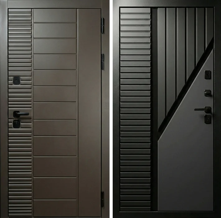 Стальная коричневая дверь с асимметричной фрезеровкой №365