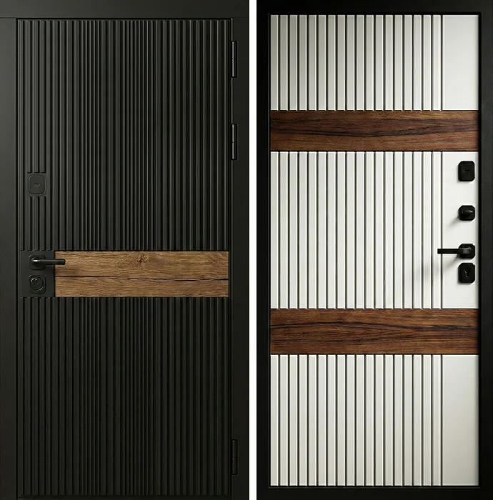 Металлическая дверь рейчная черно-белая с древесными вставками №323