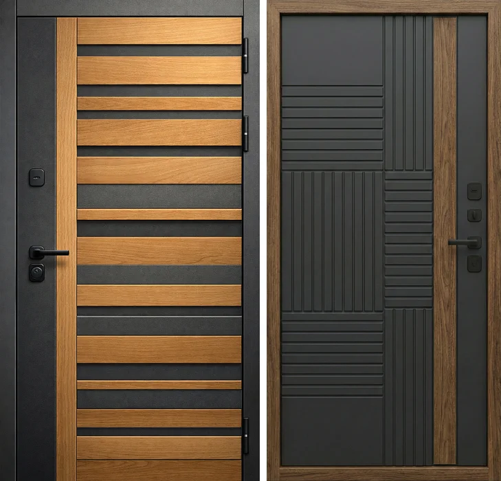 Металлическая дверь в дубе с черными ламелями №272