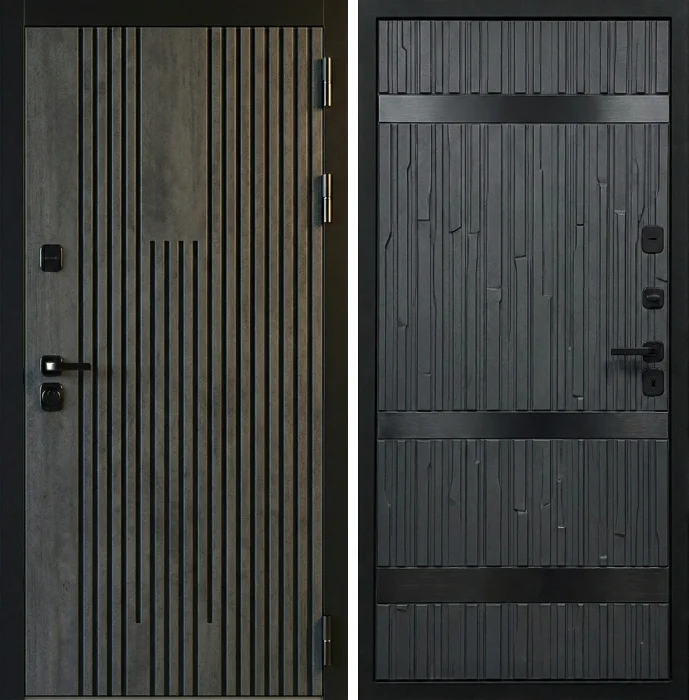 Железная дверь в тёмном бетоне с вертикальными рейками №264