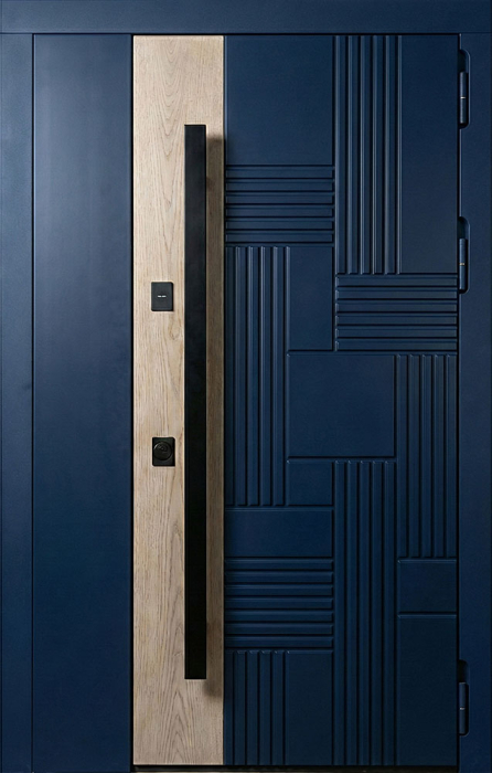 Стальная дверь тёмно-синяя с рельефной панелью и вставкой светлого дуба №62