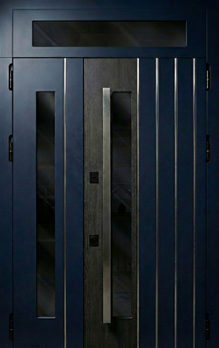 Железная входная дверь синяя с вертикальными линиями и стеклянными вставками №127