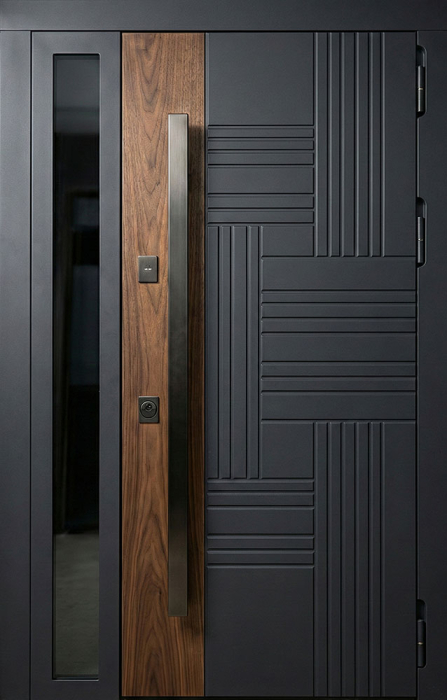 Стальная дверь графит с вертикальным стеклом и вставкой под орех №86