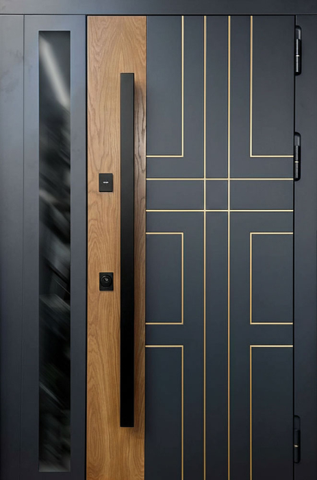 Металлическая дверь графит с золотой геометрией и боковой вставкой стекла №65