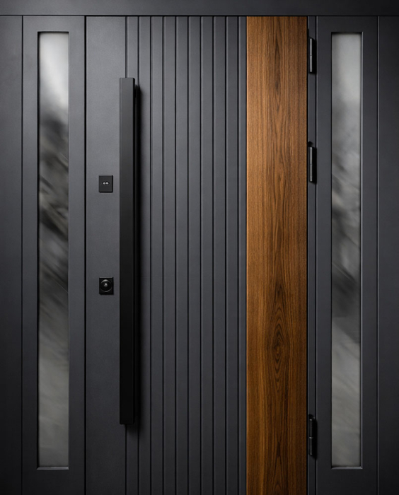 Железная дверь антрацит с рифлением, деревянной вставкой, для частного дома №58