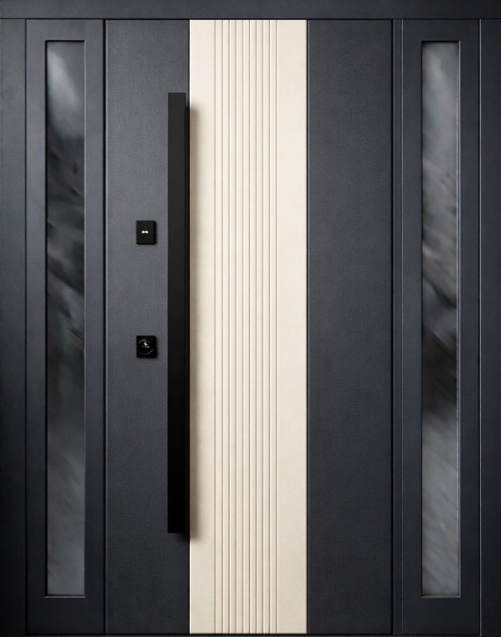 Железная входная дверь графит с белой вставкой и остеклением №48