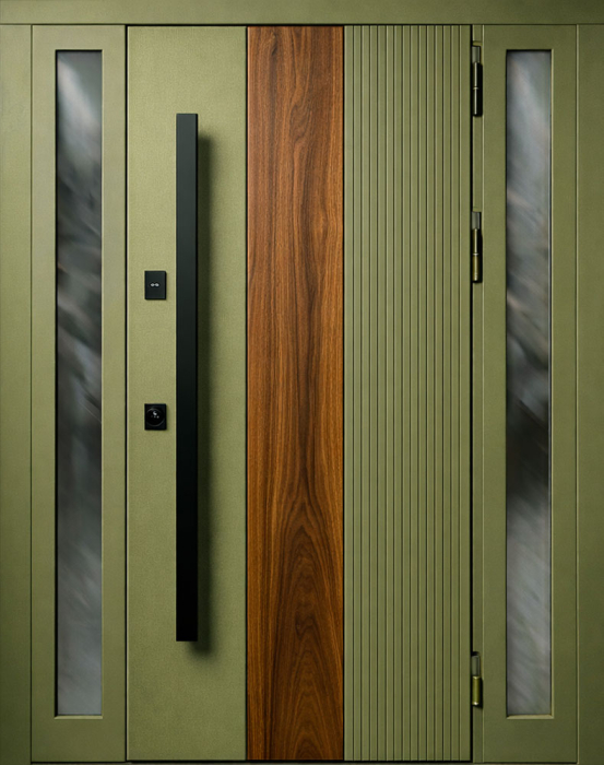 Металлическая дверь оливковая с деревом и остеклением для частного дома №46