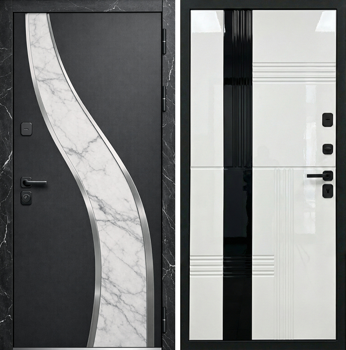 Стальная дверь графитовая с мраморной вставкой модерн №271