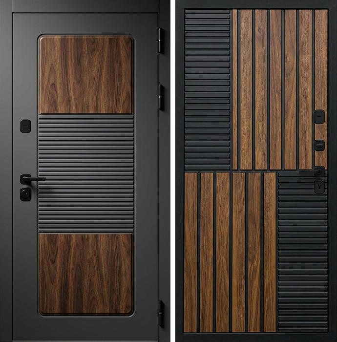 Стальная дверь антрацит с древесной вставкой и рейками №351