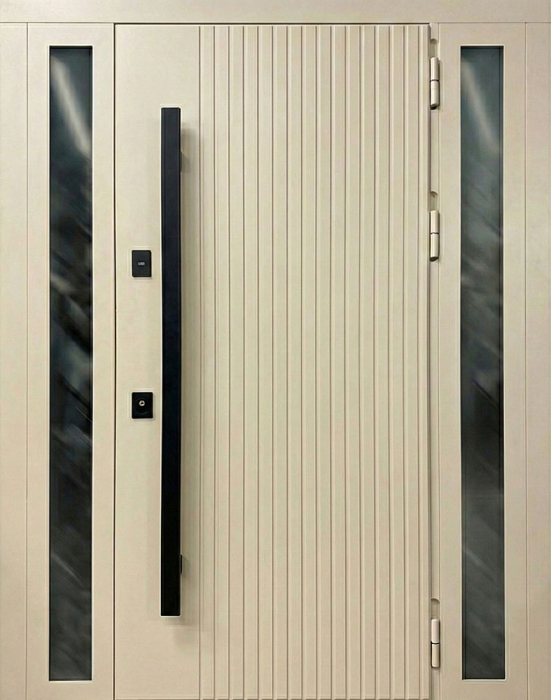 Входная дверь айвори с вертикальными рейками и боковыми стеклопакетами №55