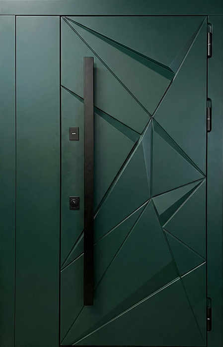 Входная стальная дверь изумрудная с 3D-фрезеровкой и ручкой-рейлингом №90