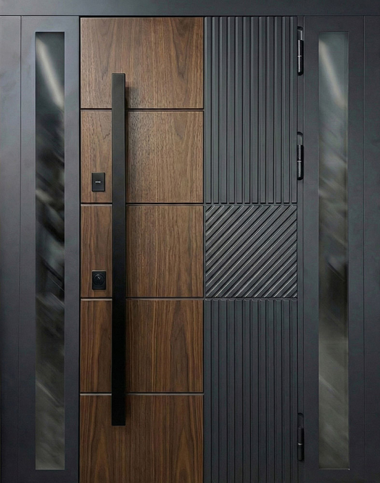 Стальная входная дверь графит с деревом и боковым остеклением №45