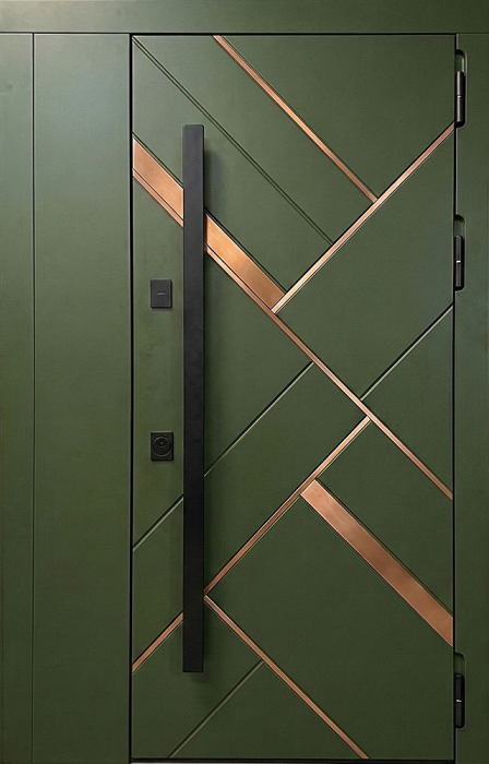 Стальная входная дверь хаки с медными вставками и геометрией №74