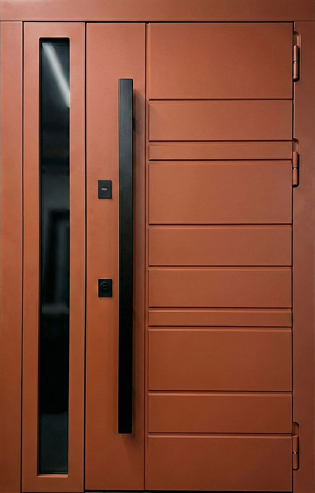 Входная дверь терракота с вертикальным стеклом для частного дома №68