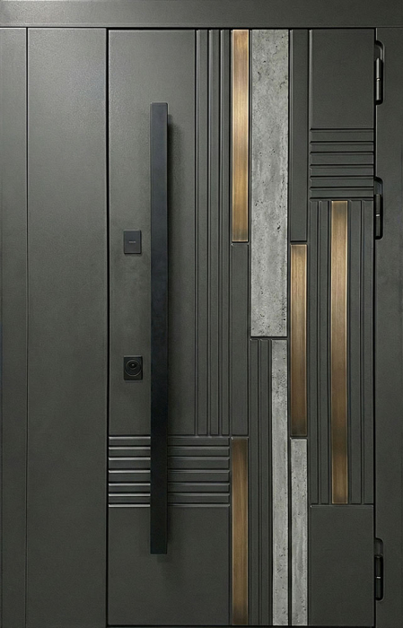 Металлическая дверь графит с бетонной вставкой и бронзой для квартиры №76