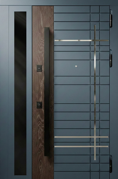 Металлическая дверь со стеклопакетом и вставкой под дуб для дома №112