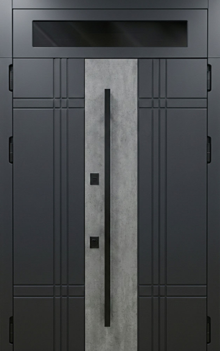 Стальная входная дверь антрацит с бетонной вставкой и фрамугой №121