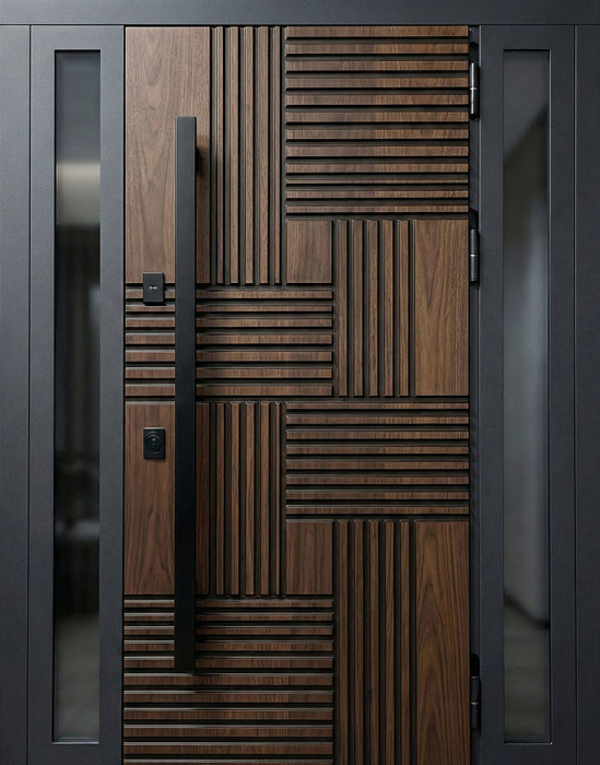 Входная дверь с 3D-рейками и боковым остеклением для дома №52