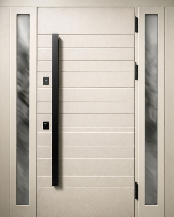 Стальная дверь песочная с горизонтальными линиями и стеклянными боковинами №56