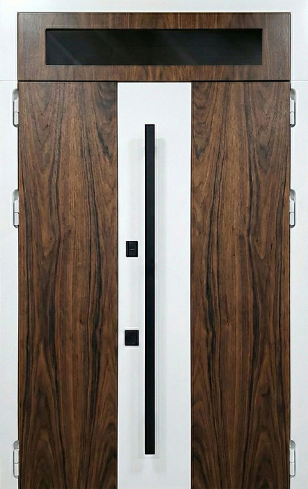 Стальная дверь под орех с белой вставкой и верхним стеклом №119