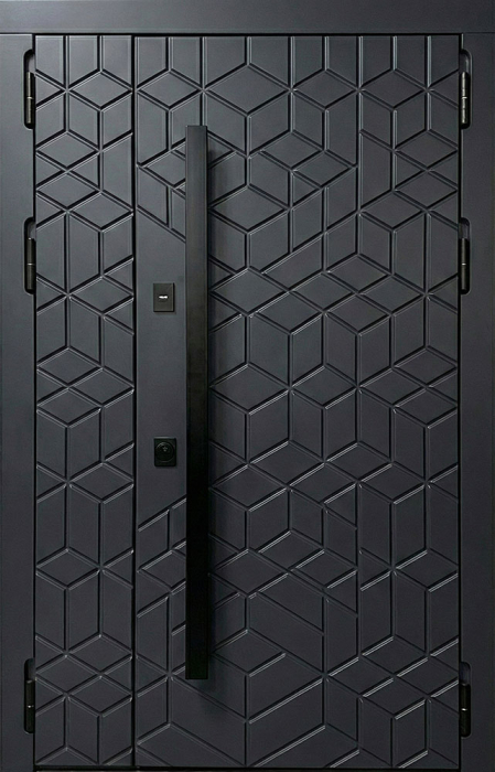 Входная двустворчатая дверь графит с 3D геометрией и рейлингом №89