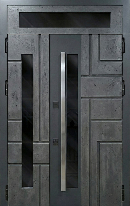 Входная дверь графитовая в отделке бетон со стеклопакетом и фрамугой №114