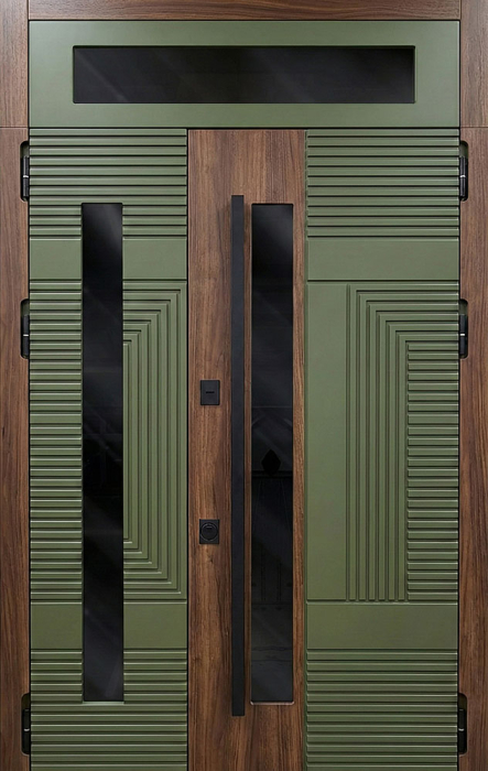Стальная дверь оливковая с деревом с фрамугой и вертикальным стеклом №109