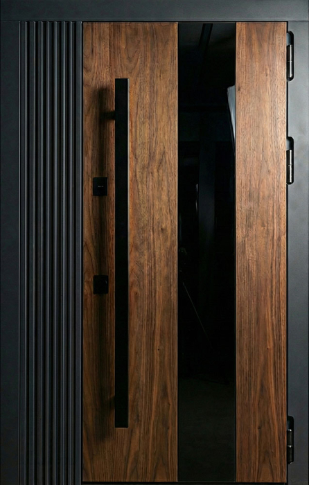 Металлическая дверь антрацит с рейками и стеклянной вставкой под орех №60