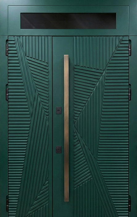 Стальная дверь зелёная с диагональной фрезеровкой и верхним стеклом №106