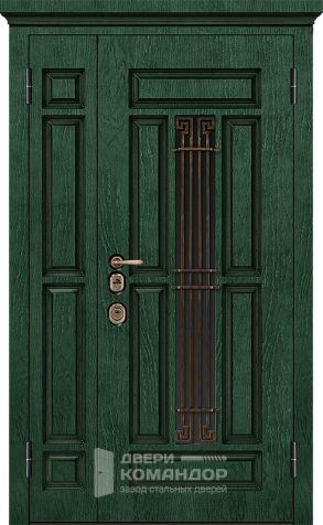 Двухстворчатая металлическая дверь зеленого цвета МДФ №39 - наружная сторона