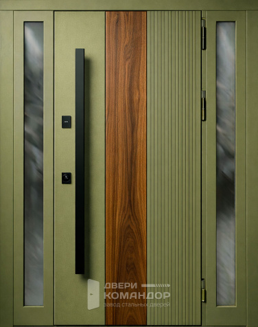 Металлическая дверь оливковая с деревом и остеклением для частного дома №46 - наружная сторона
