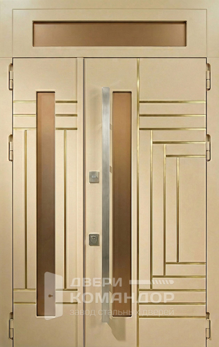 Входная двустворчатая дверь кремовая с золотыми вставками и стеклом №129