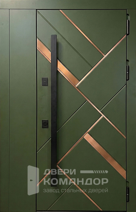 Стальная входная дверь хаки с медными вставками и геометрией №74