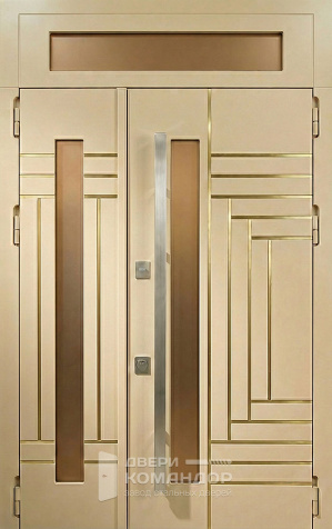 Входная двустворчатая дверь кремовая с золотыми вставками и стеклом №129 - наружная сторона