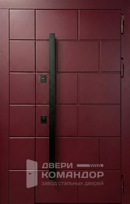 Металлическая дверь бордовая с прямоугольной фрезеровкой и длинной ручкой №91