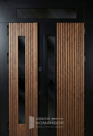 Стальная дверь чёрная с реечной МДФ-панелью с остеклением и фрамугой №111 - наружная сторона